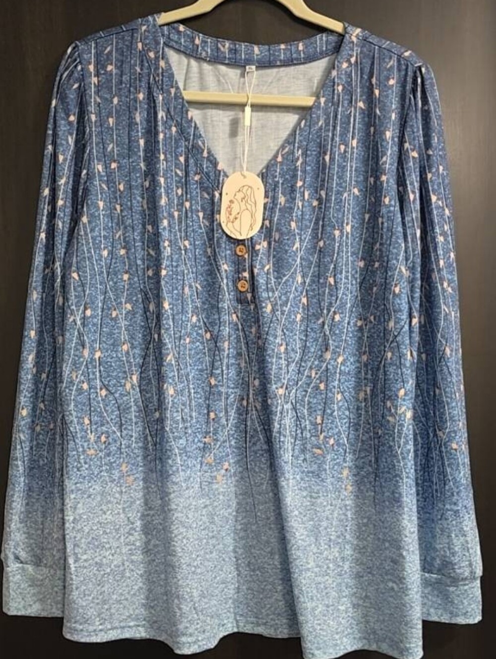Boho Blue Gradient Ombre Willow Branch Long Sleeve Blouse XL V-Neck